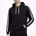 Erkek Şeritli Kapüşonlu Sweatshirt Oversize 3 Iplik Pamuklu - Siyah