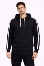 Erkek Şeritli Kapüşonlu Sweatshirt Oversize 3 Iplik Pamuklu - Siyah - Görsel 3