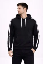 Erkek Şeritli Kapüşonlu Sweatshirt Oversize 3 Iplik Pamuklu - Siyah - Görsel 4