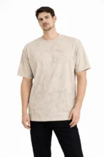 Erkek Asit Yıkama Bisiklet Yaka Kısa Kollu Oversize T-Shirt Tişört - Bej - Görsel 3