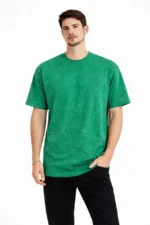 Erkek Asit Yıkama Bisiklet Yaka Kısa Kollu Oversize T-Shirt Tişört - Yeşil - Görsel 3