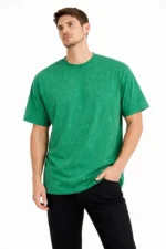 Erkek Asit Yıkama Bisiklet Yaka Kısa Kollu Oversize T-Shirt Tişört - Yeşil - Görsel 4