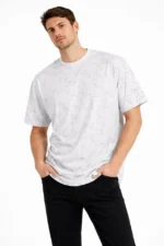 Erkek Asit Yıkama Bisiklet Yaka Kısa Kollu Oversize T-Shirt Tişört - Beyaz - Görsel 4