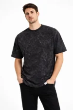 Erkek Asit Yıkama Bisiklet Yaka Kısa Kollu Oversize T-Shirt Tişört - Siyah - Görsel 2