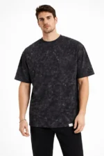 Erkek Asit Yıkama Bisiklet Yaka Kısa Kollu Oversize T-Shirt Tişört - Siyah - Görsel 3