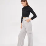 Yüksek Bel Kargo Cepli Palazzo Pantolon Oversize Bol Paça İki İplik Rahat Kesim - Gri