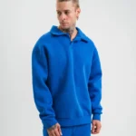 Erkek Patlı Yaka Üç İplik Pamuklu Sweatshirt Double Oversize Rahat Kalıp Günlük Kullanım - Mavi