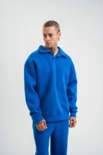 Erkek Patlı Yaka Üç İplik Pamuklu Sweatshirt Double Oversize Rahat Kalıp Günlük Kullanım - Mavi