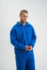 Erkek Patlı Yaka Üç İplik Pamuklu Sweatshirt Double Oversize Rahat Kalıp Günlük Kullanım - Mavi - Görsel 2