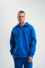 Erkek Patlı Yaka Üç İplik Pamuklu Sweatshirt Double Oversize Rahat Kalıp Günlük Kullanım - Mavi - Görsel 3