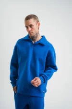 Erkek Patlı Yaka Üç İplik Pamuklu Sweatshirt Double Oversize Rahat Kalıp Günlük Kullanım - Mavi - Görsel 4