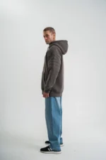 Erkek Nakış İşlemeli Kapşonlu Antrasit Sweatshirt Üç İplik Double Oversize- Füme - Görsel 3