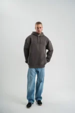 Erkek Nakış İşlemeli Kapşonlu Antrasit Sweatshirt Üç İplik Double Oversize- Füme - Görsel 4