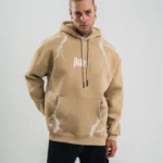 Erkek Şimşek Baskılı Kapşonlu Sweatshirt Üç İplik Pamuklu Kanguru Cepli Double Oversize Hoodie - Bej
