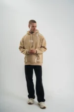 Erkek Şimşek Baskılı Kapşonlu Sweatshirt Üç İplik Pamuklu Kanguru Cepli Double Oversize Hoodie - Bej - Görsel 2