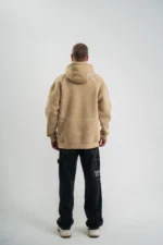 Erkek Şimşek Baskılı Kapşonlu Sweatshirt Üç İplik Pamuklu Kanguru Cepli Double Oversize Hoodie - Bej - Görsel 3