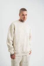 Erkek 3 İplik Pamuklu Yağ Yıkamalı Sweatshirt Double Oversize Bisiklet Yaka Uzun Kol - Krem