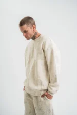 Erkek 3 İplik Pamuklu Yağ Yıkamalı Sweatshirt Double Oversize Bisiklet Yaka Uzun Kol - Krem - Görsel 2