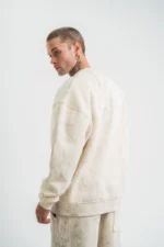 Erkek 3 İplik Pamuklu Yağ Yıkamalı Sweatshirt Double Oversize Bisiklet Yaka Uzun Kol - Krem - Görsel 4