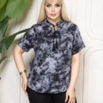 Desenli Püsküllü Viskon Bluz Bebe Yaka Kısa Kollu Big Size Rahat Kesim - Desenli