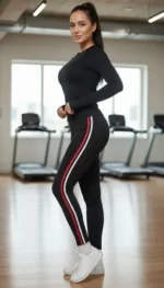 Likralı Penye Yanı Kırmızı Beyaz Şeritli Dar Kalıp Spor Tayt - Siyah - Siyah