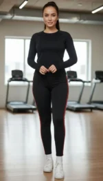 Likralı Penye Yanı Kırmızı Beyaz Şeritli Dar Kalıp Spor Tayt - Siyah - Siyah - Görsel 2