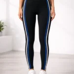 Likralı Yan Beyaz Mavi Şeritli Detaylı Tayt - Siyah