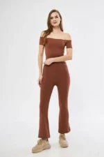 Yüksel Bel Fitilli İspanyol Paça Tayt - Kahve - Görsel 2