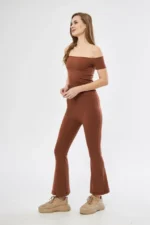 Yüksel Bel Fitilli İspanyol Paça Tayt - Kahve - Görsel 3