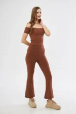 Yüksel Bel Fitilli İspanyol Paça Tayt - Kahve - Görsel 4