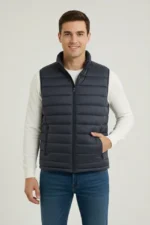 Erkek Şişme Fermuarlı Yelek Su Itici Kapitone Astarlı Kumaş Cepli Hafif Kışlık Spor Rahat Kalıp - Lacivert - Görsel 3