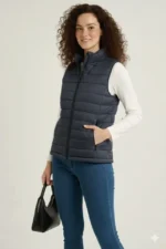 Şişme Fermuarlı Yelek Su Itici Kapitone Astarlı Kumaş Cepli Hafif Kışlık Spor Rahat Kalıp - Lacivert - Görsel 3