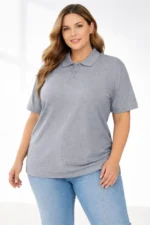 Pike Kumaş Düğmeli Yaka Battal Büyük Beden Günlük Kısa Kol Tişört T-shirt - Gri - Görsel 3