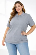 Pike Kumaş Düğmeli Yaka Battal Büyük Beden Günlük Kısa Kol Tişört T-shirt - Gri - Görsel 4