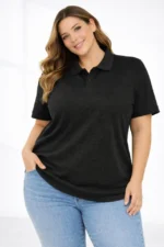 Pike Kumaş Düğmeli Yaka Battal Büyük Beden Günlük Kısa Kol Tişört T-shirt - Siyah