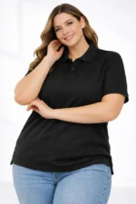 Pike Kumaş Düğmeli Yaka Battal Büyük Beden Günlük Kısa Kol Tişört T-shirt - Siyah - Görsel 2