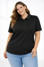 Pike Kumaş Düğmeli Yaka Battal Büyük Beden Günlük Kısa Kol Tişört T-shirt - Siyah - Görsel 3