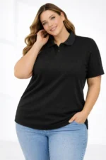 Pike Kumaş Düğmeli Yaka Battal Büyük Beden Günlük Kısa Kol Tişört T-shirt - Siyah - Görsel 4