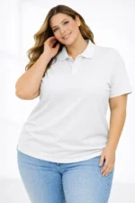 Pike Kumaş Düğmeli Yaka Battal Büyük Beden Günlük Kısa Kol Tişört T-shirt - Beyaz - Görsel 2