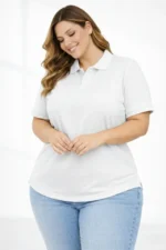 Pike Kumaş Düğmeli Yaka Battal Büyük Beden Günlük Kısa Kol Tişört T-shirt - Beyaz - Görsel 3