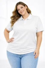 Pike Kumaş Düğmeli Yaka Battal Büyük Beden Günlük Kısa Kol Tişört T-shirt - Beyaz - Görsel 4