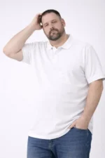 Erkek Pike Kumaş Düğmeli Yaka Battal Büyük Beden Günlük Kısa Kol Tişört T-shirt - Beyaz - Görsel 2