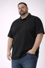 Erkek Pike Kumaş Düğmeli Yaka Battal Büyük Beden Günlük Kısa Kol Tişört T-shirt - Siyah - Görsel 2