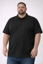 Erkek Pike Kumaş Düğmeli Yaka Battal Büyük Beden Günlük Kısa Kol Tişört T-shirt - Siyah - Görsel 3