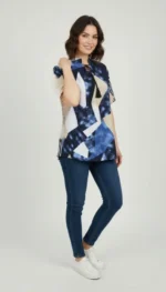 Desenli Püsküllü Viskon Bluz Bebe Yaka Kısa Kollu Big Size Rahat Kesim - Desenli