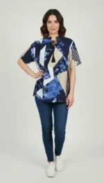 Desenli Püsküllü Viskon Bluz Bebe Yaka Kısa Kollu Big Size Rahat Kesim - Desenli - Görsel 3