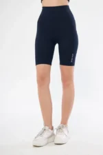 Yüksek Bel Fitilli Biker Baskılı Şort - Lacivert - Görsel 3