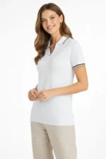 Triko Kumaş Yakalı Düğmesiz Açık Yaka Fitilli Kısa Kollu Regular Fit Tişört T-shirt - Beyaz - Görsel 2
