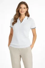 Triko Kumaş Yakalı Düğmesiz Açık Yaka Fitilli Kısa Kollu Regular Fit Tişört T-shirt - Beyaz - Görsel 3