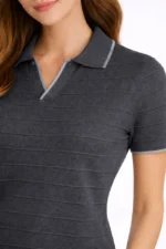 Triko Kumaş Yakalı Düğmesiz Açık Yaka Fitilli Kısa Kollu Regular Fit Tişört T-shirt - Siyah - Görsel 4